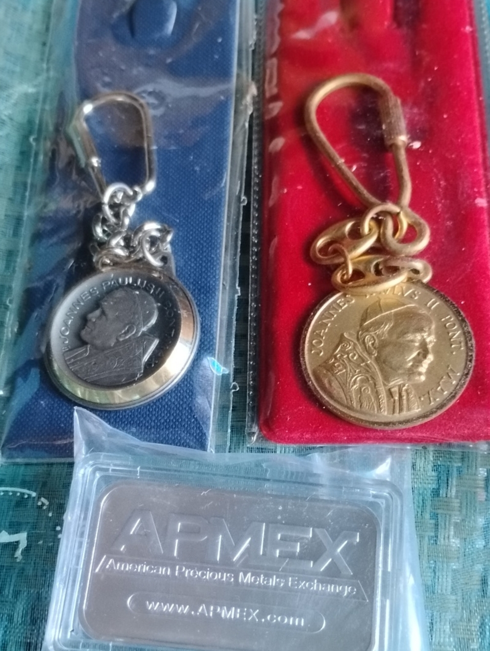 Religious Medal Keychain Pair in Silver & Gold Tones& Silver Bullion Bar